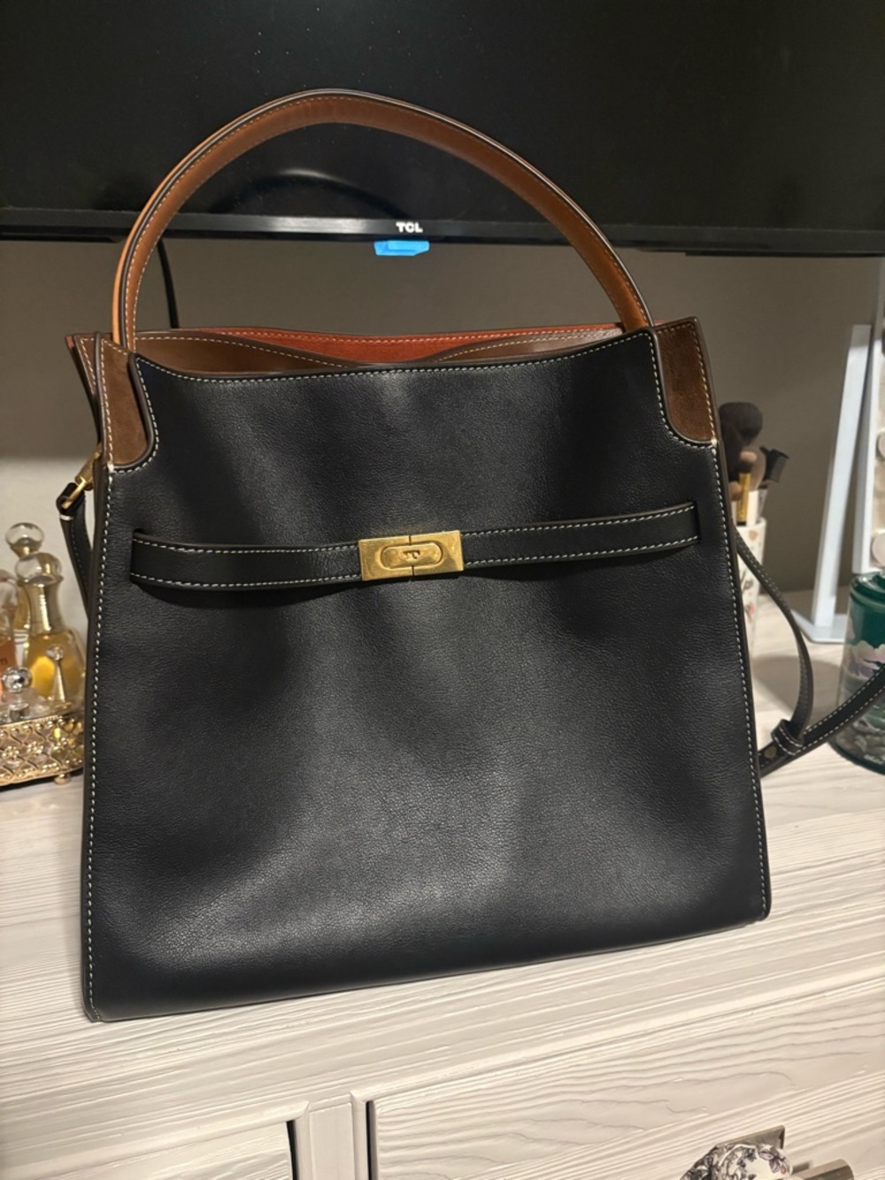 Tory Burch Large Lee Radziwill Double Bag- Black and Tan